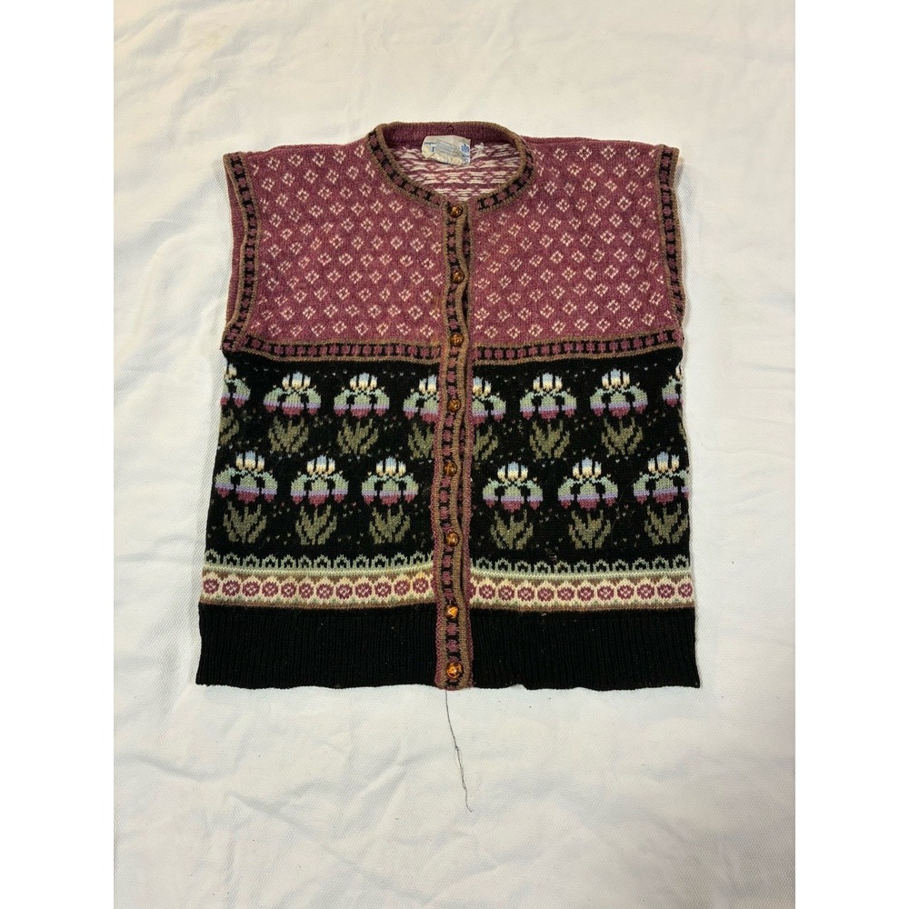 VTG Deans of‎ Scotland Shetland Wool Fair Isle Sweater Vest Floral Button